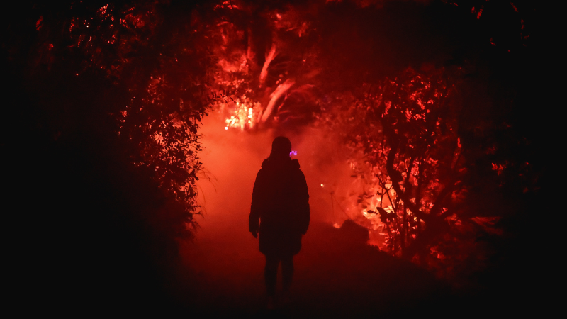 A person walking into a red haze as they enter Light Cycles along a walkway and through the bush.